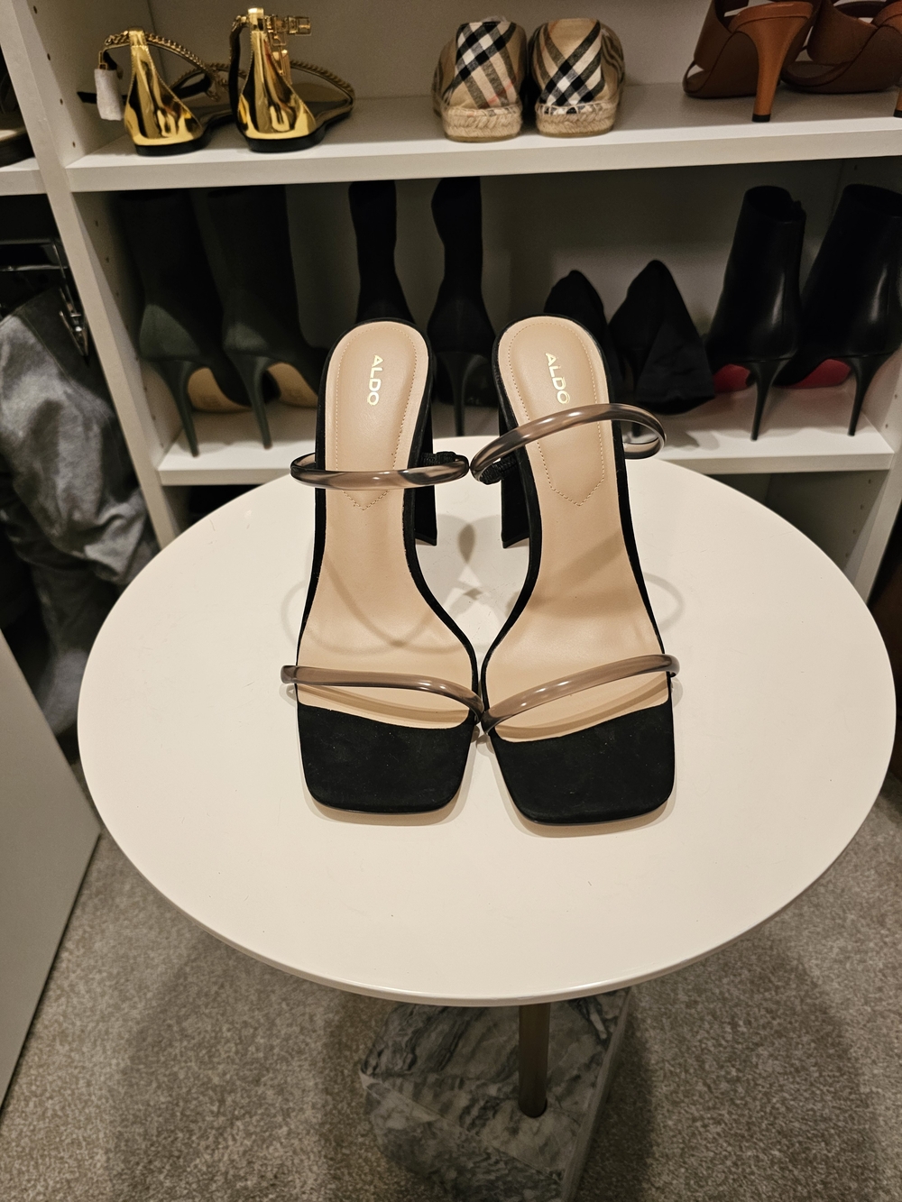 ALDO Black Suede Mule Sandals with Clear Straps